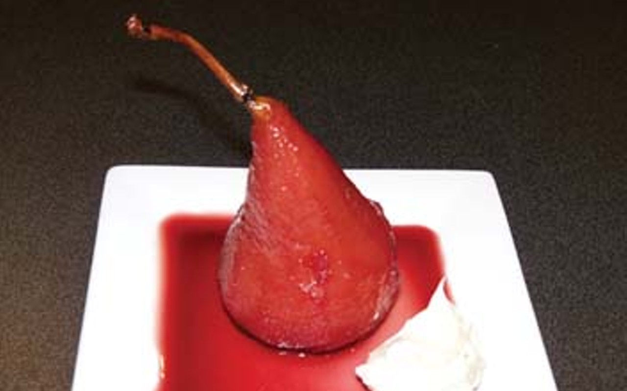 Pears poached in red wine, honey and spices
