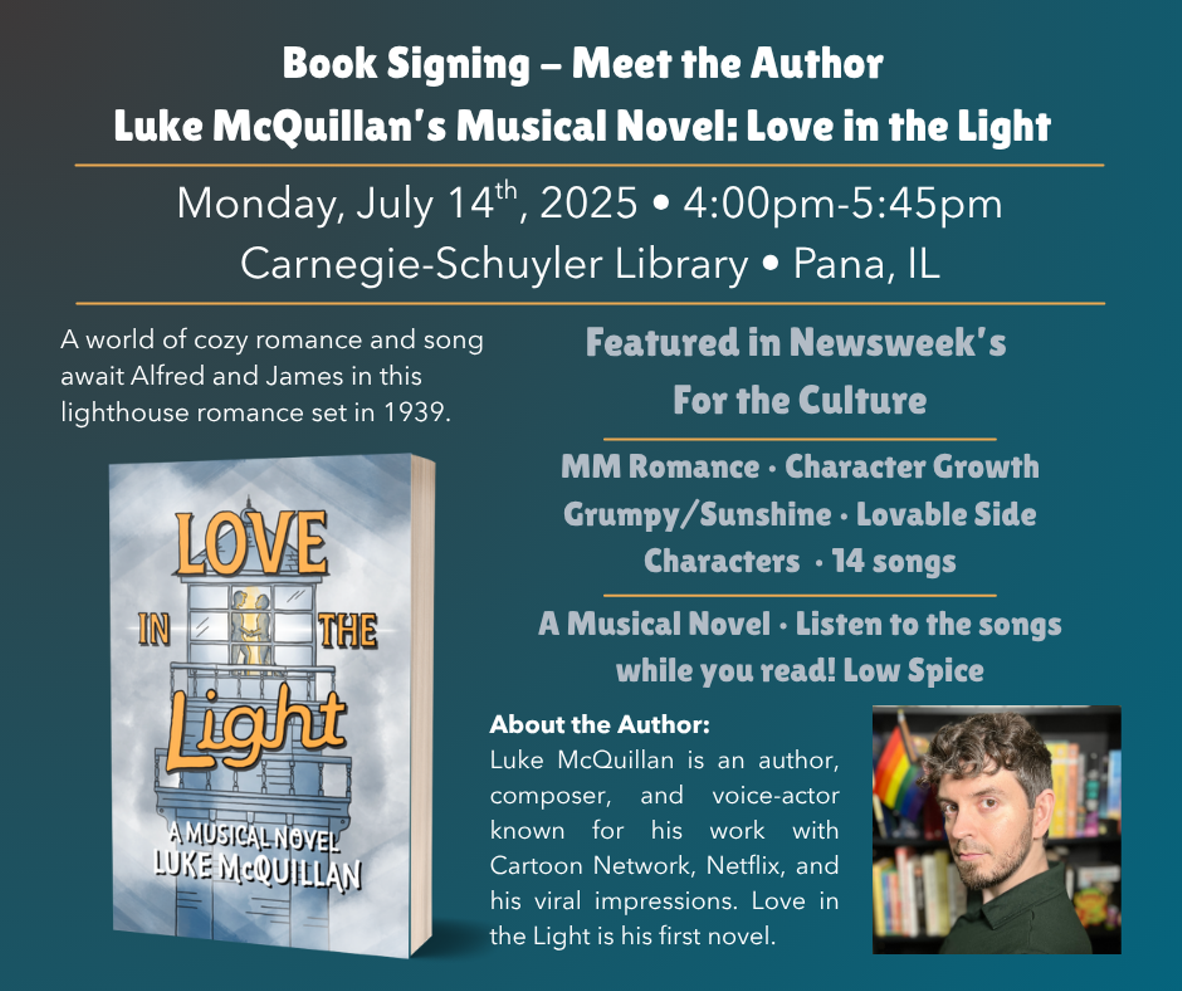 Infographic detailing the book signing for Love in the Light by Luke McQuillan.